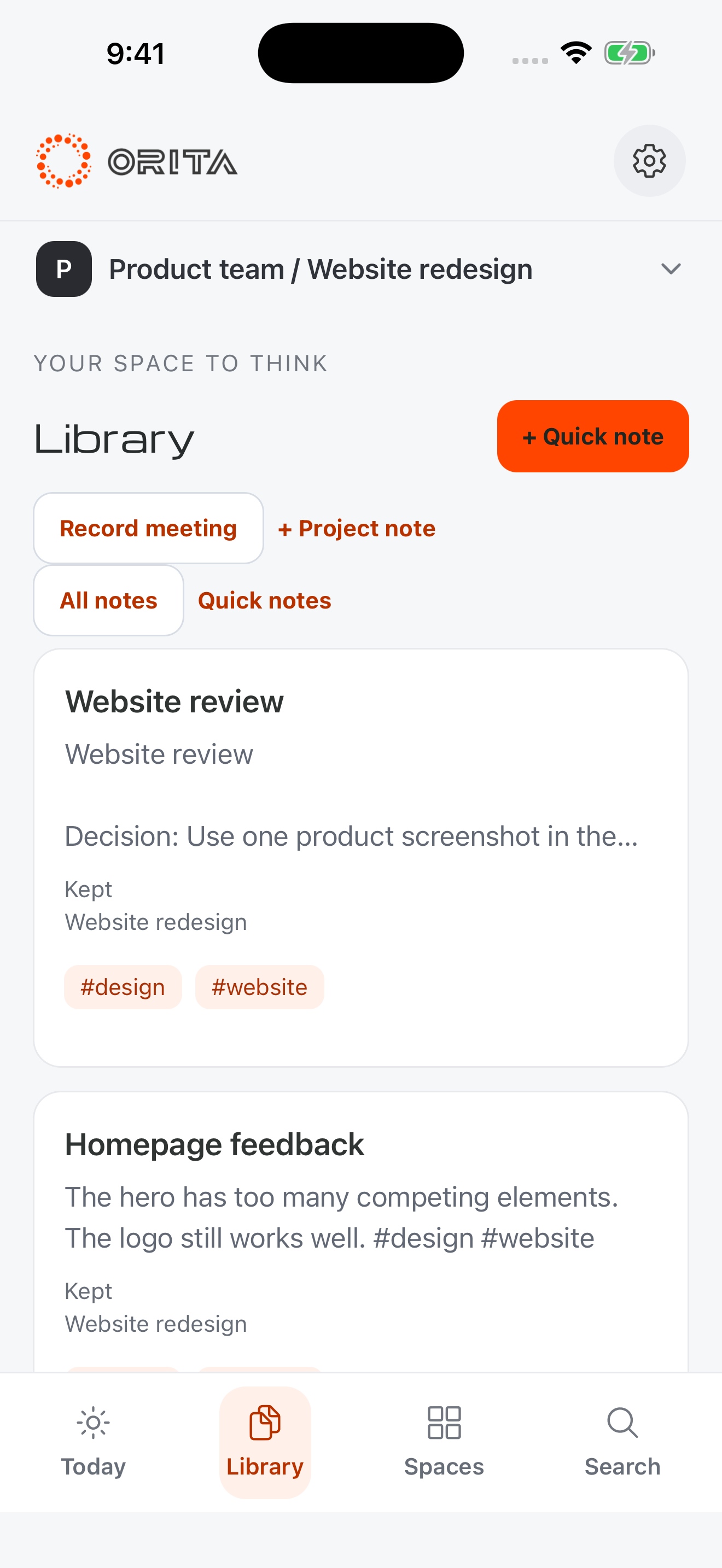 Orita’s mobile Library screen with project notes and connected hashtags