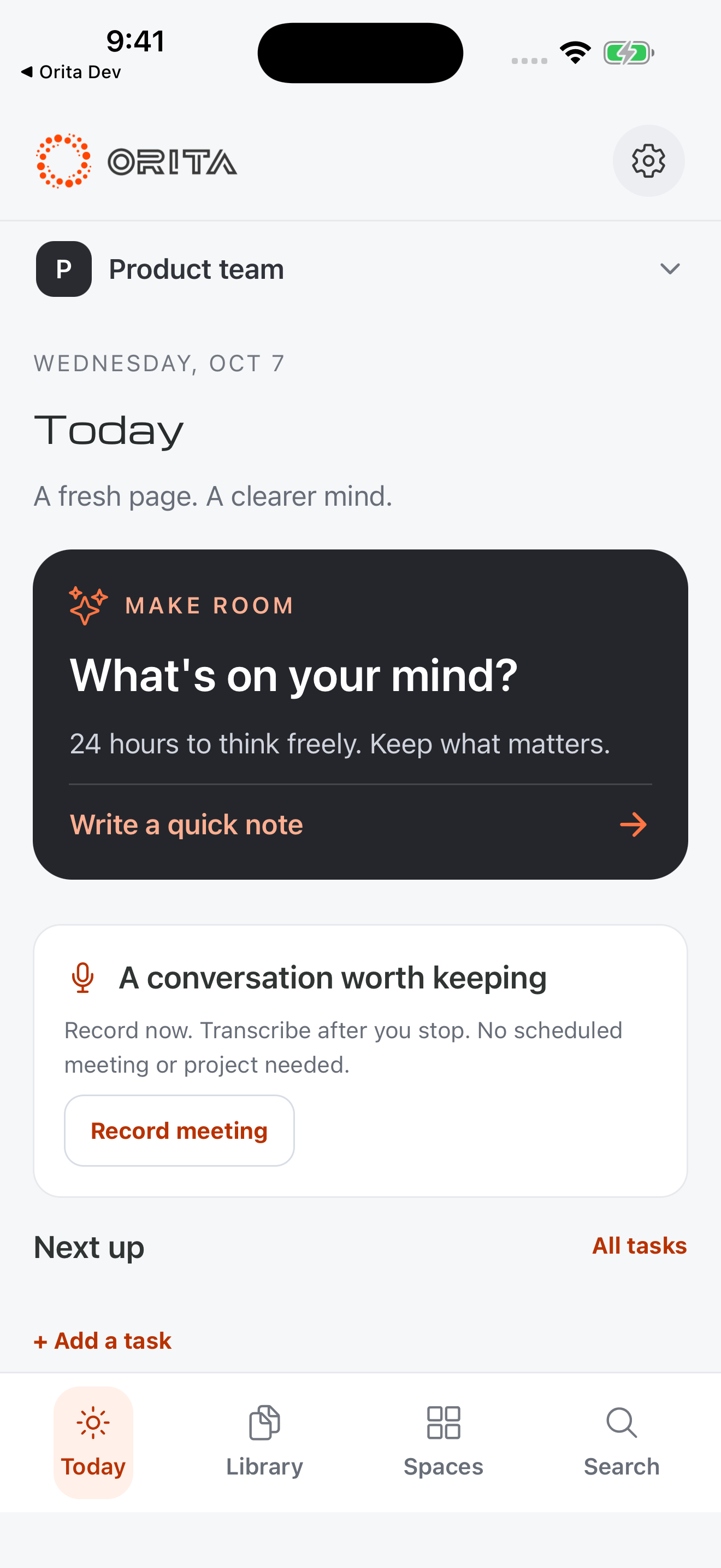 Orita’s mobile Today screen with quick note capture and meeting recording